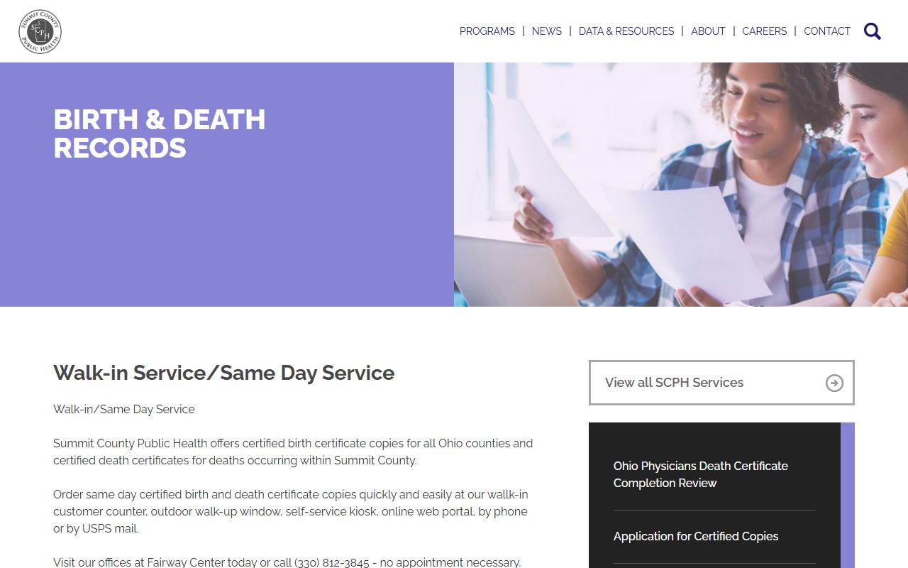 Summit County Public Health walk-in service page for Cuyahoga Falls birth records