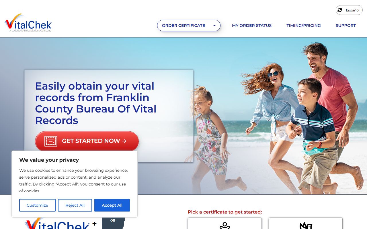 Franklin County Bureau of Vital Records ordering page for Dublin birth records