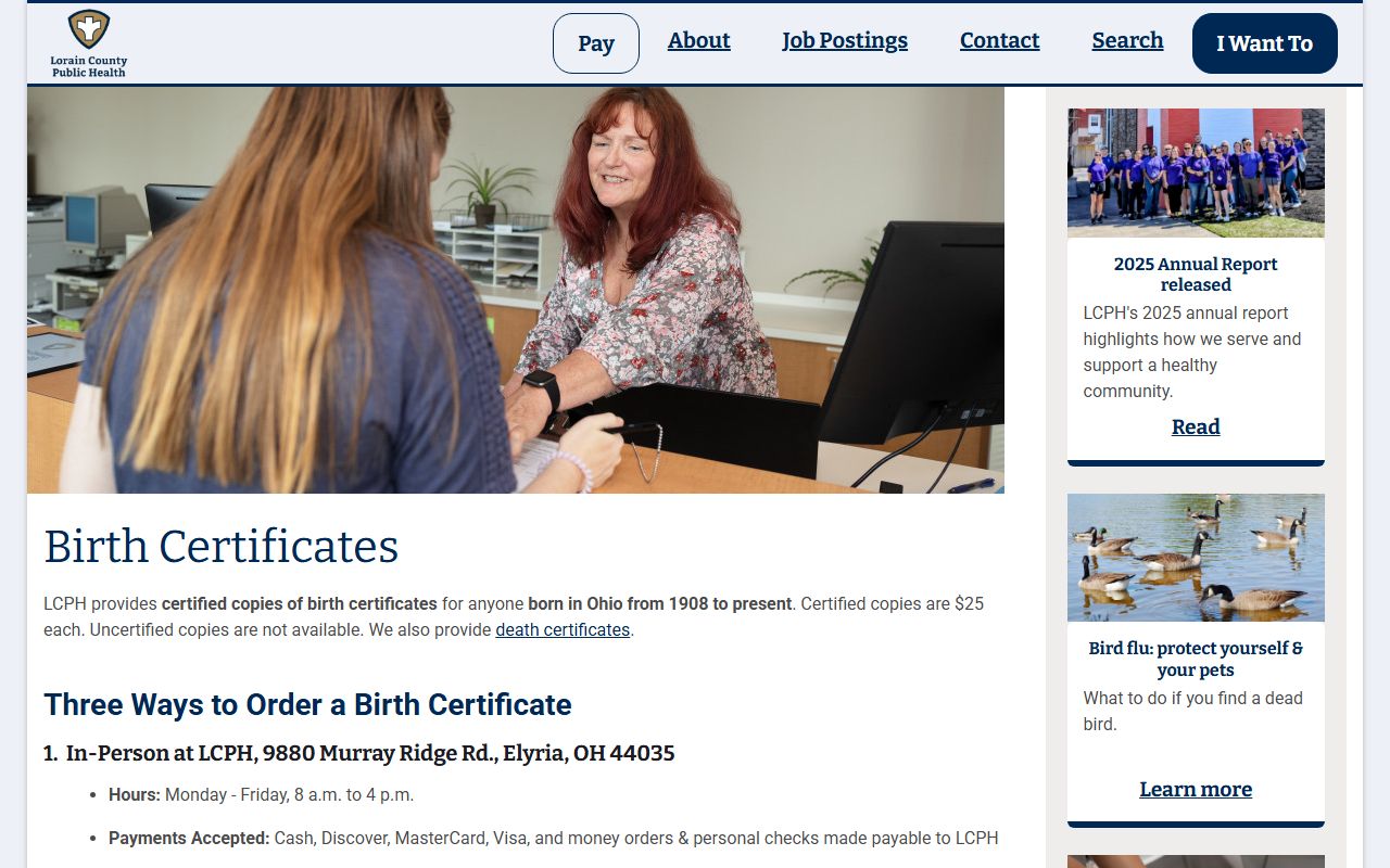 Lorain County Public Health birth certificates page for Elyria birth records