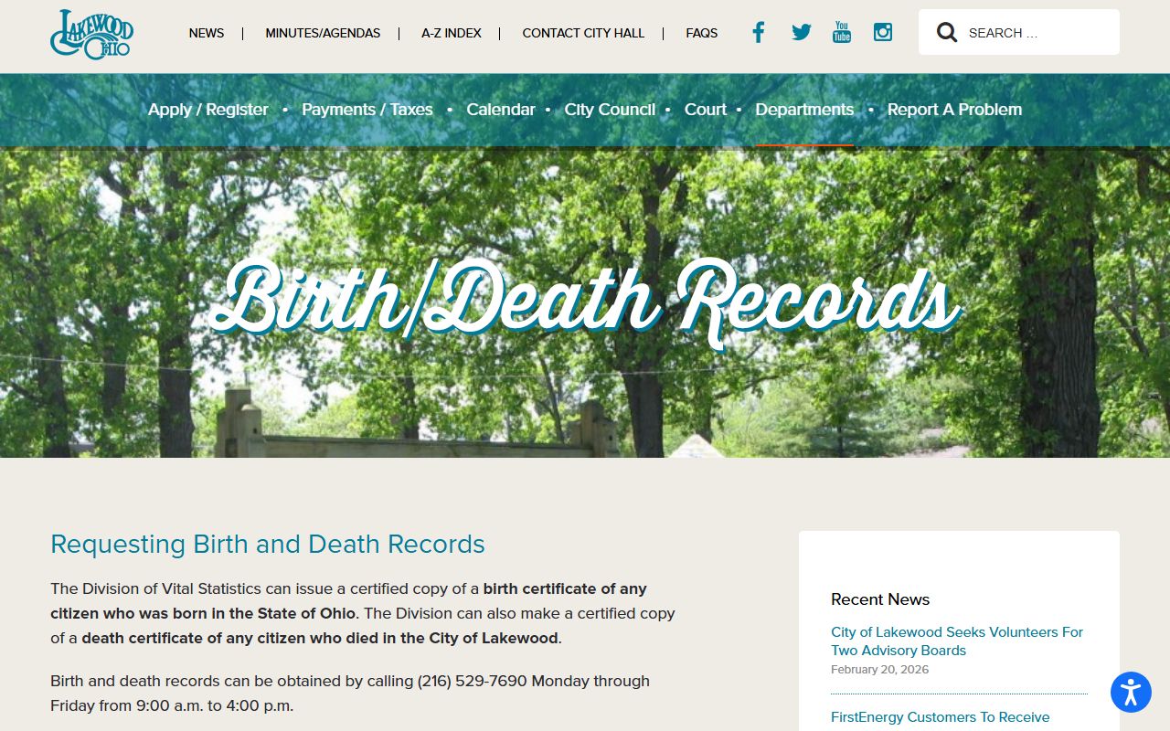 City of Lakewood Division of Vital Statistics page for Lakewood birth records