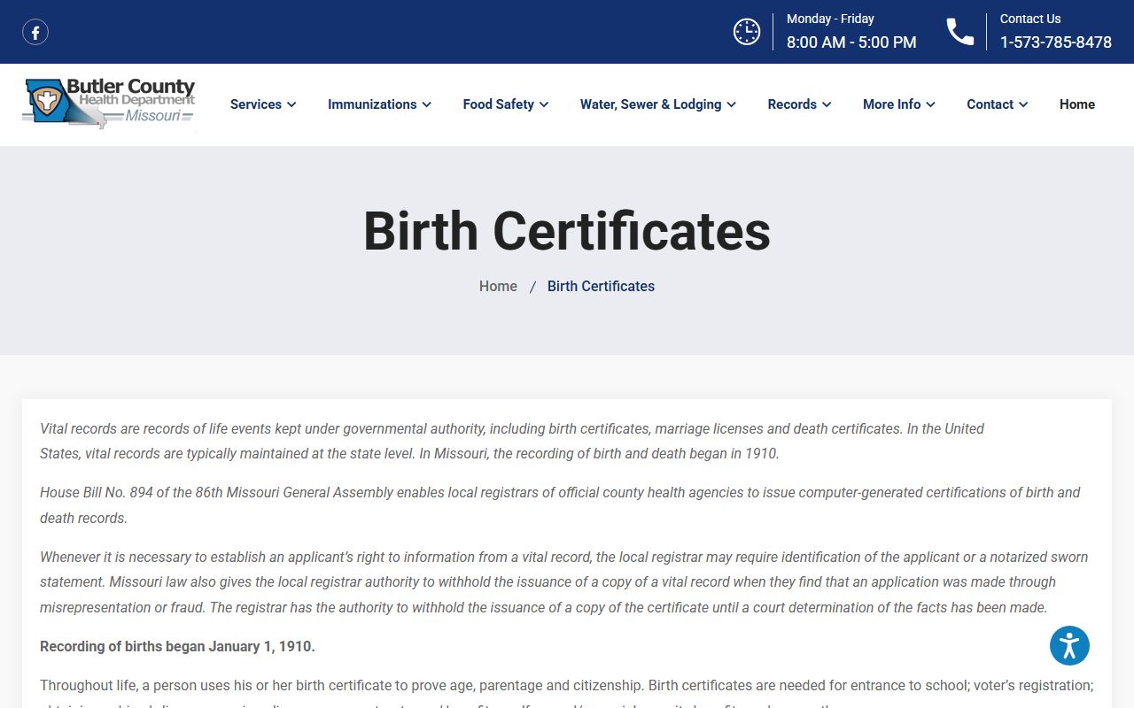 Butler County Health Department birth certificates page for Middletown birth records