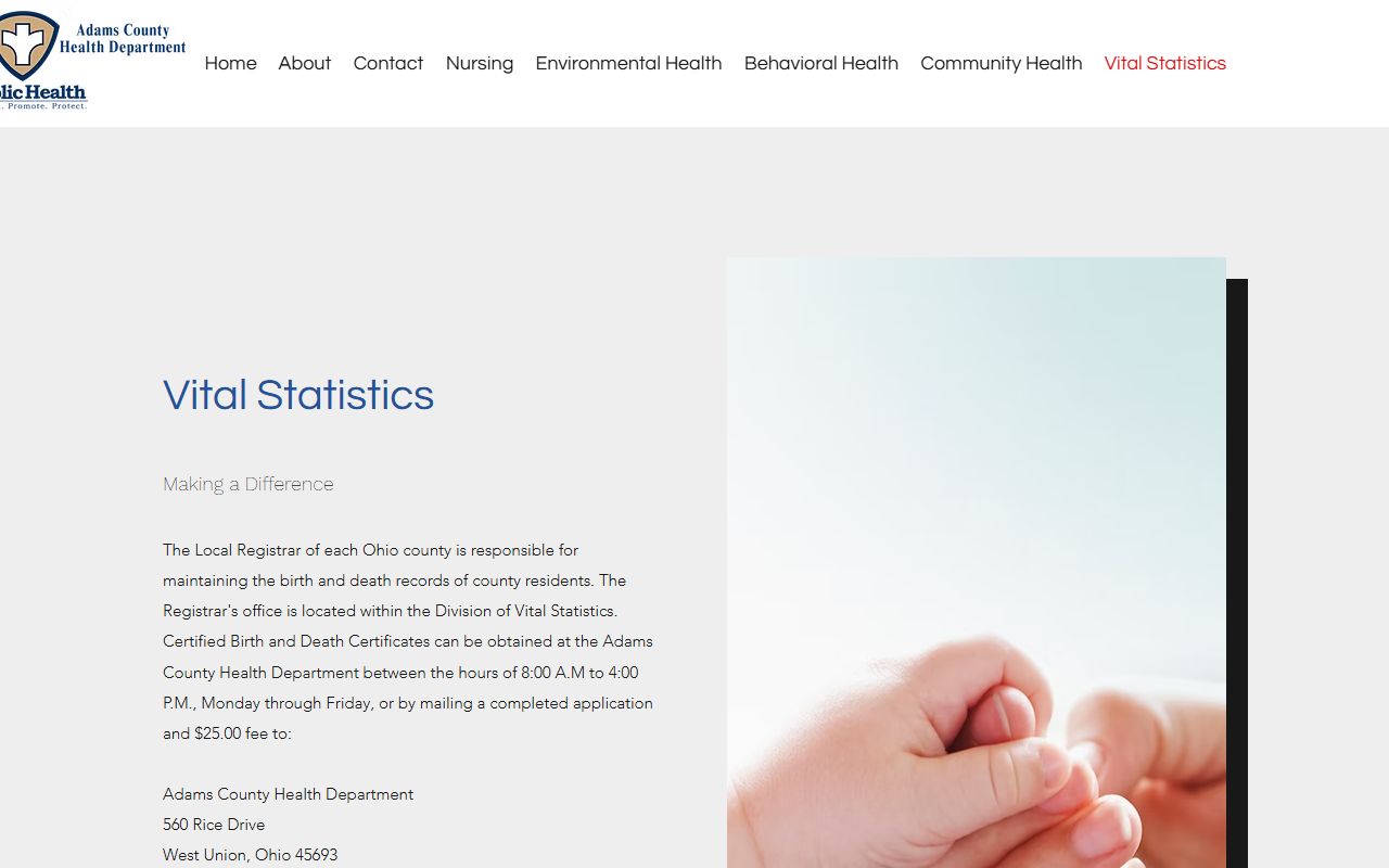 Adams County Health Department birth records vital statistics page
