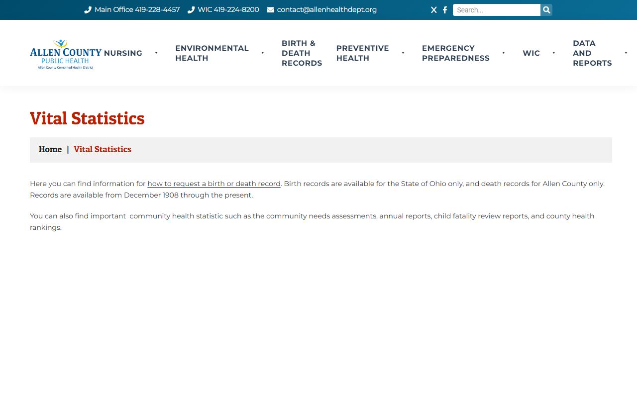 Allen County Public Health vital statistics page for birth records
