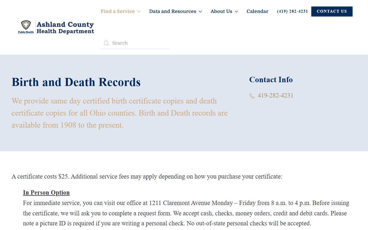 Ashland County Health Department birth records page