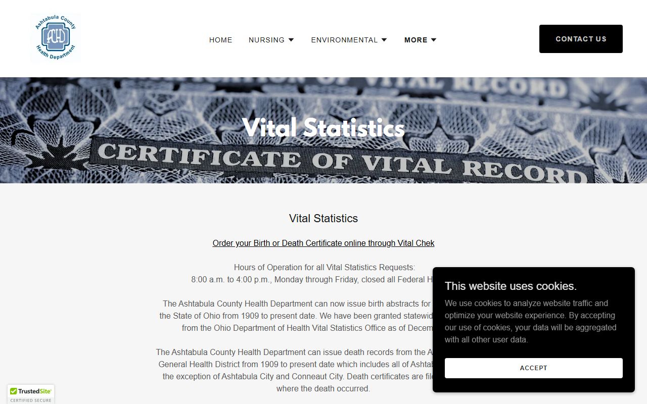 Ashtabula County Health Department vital statistics page for birth records