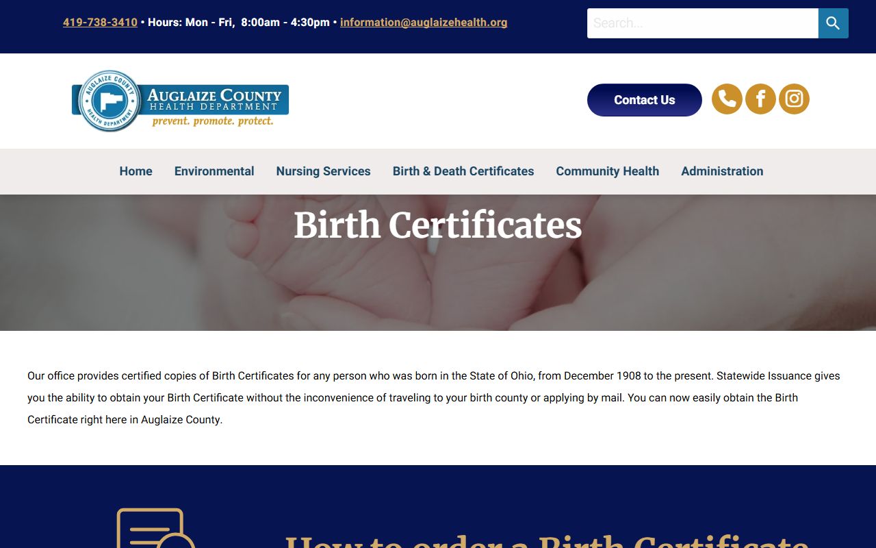Auglaize County Health Department birth certificate ordering page