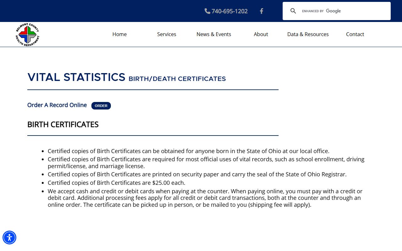 Belmont County Health Department vital statistics page for birth records