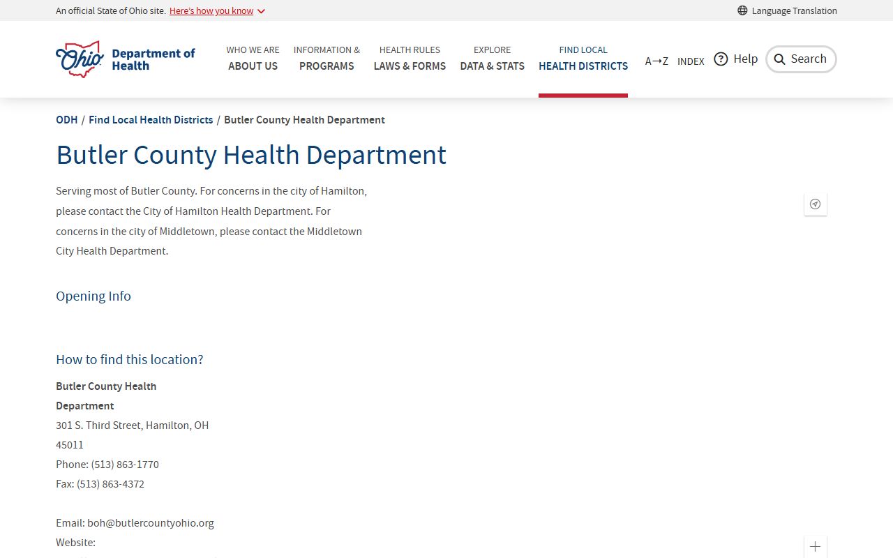 Butler County Health Department information page for birth records