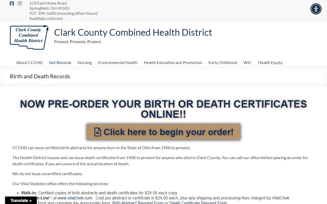 Clark County Combined Health District birth records ordering page