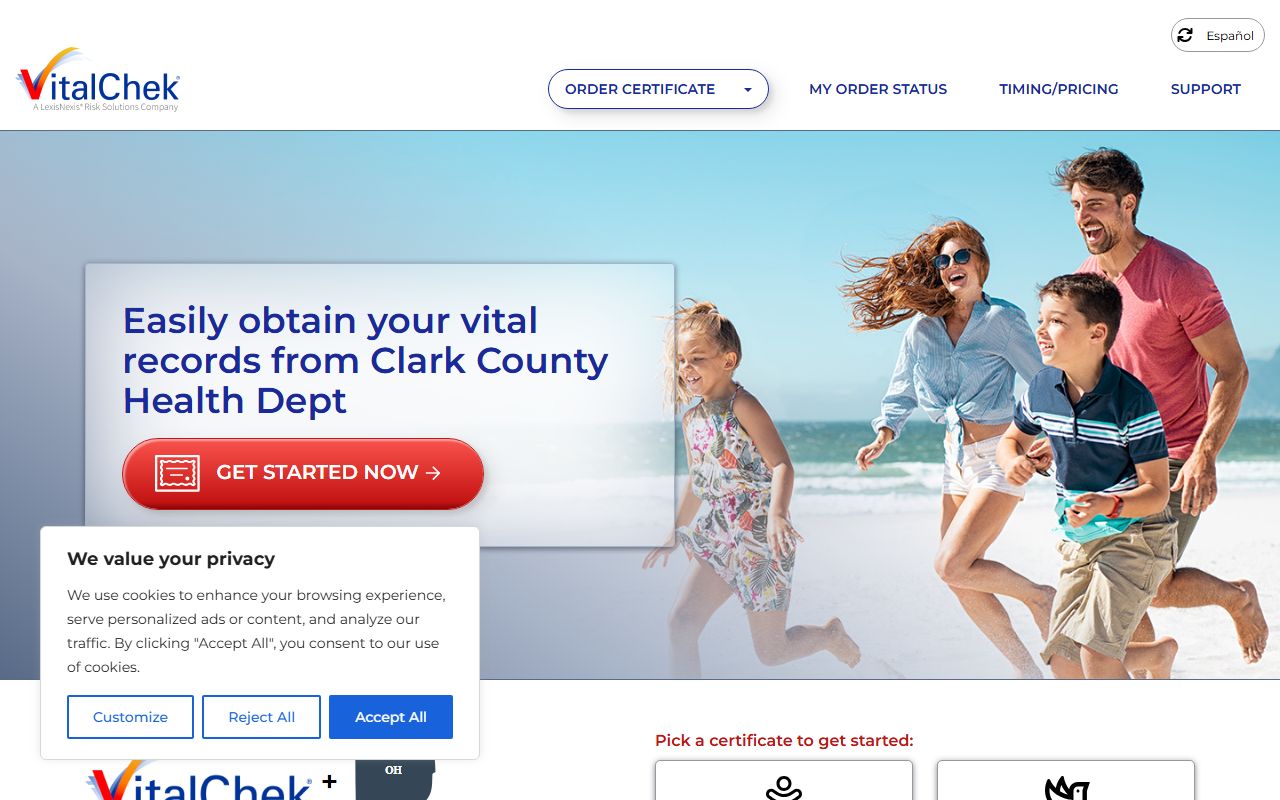 VitalChek online ordering page for Clark County Ohio birth certificates