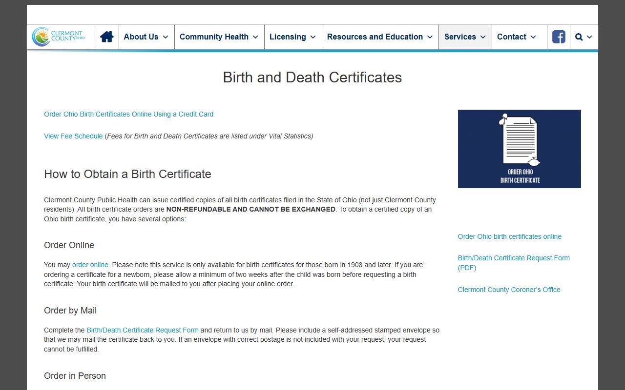 Clermont County Public Health birth certificate ordering page