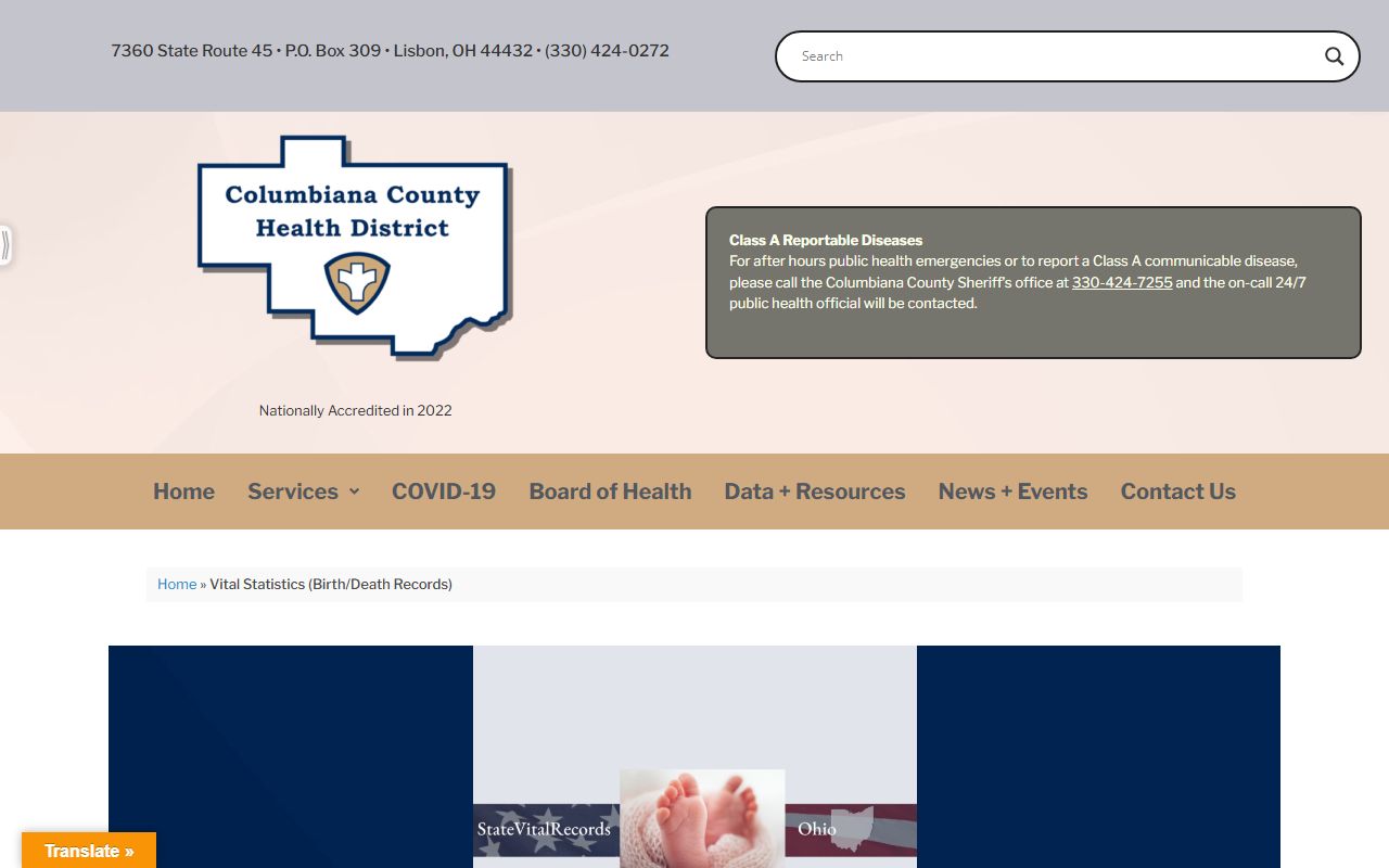 Columbiana County Health District vital statistics page for birth records
