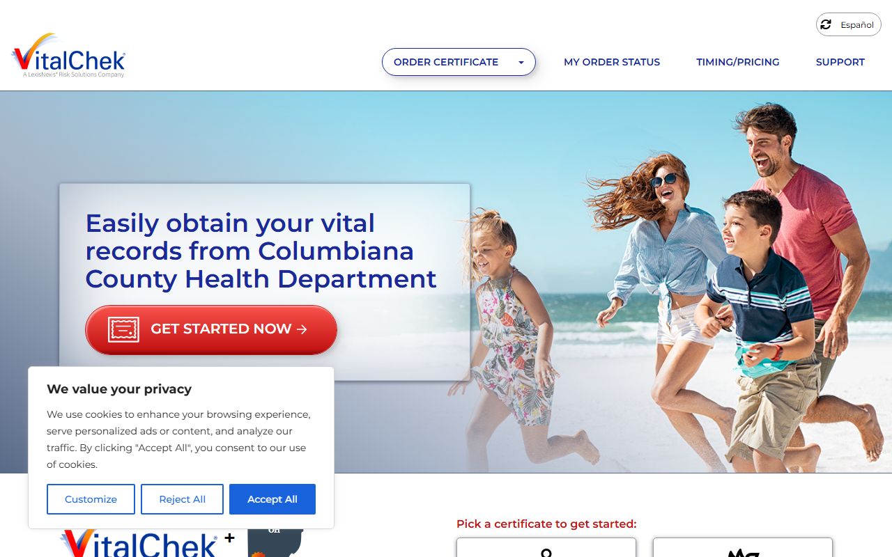 VitalChek online ordering for Columbiana County Ohio birth certificates