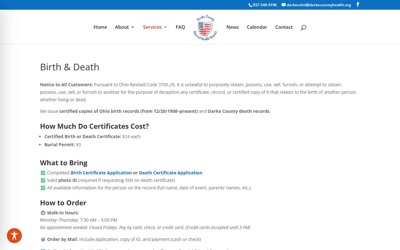 Darke County Health Department birth and death certificate services page