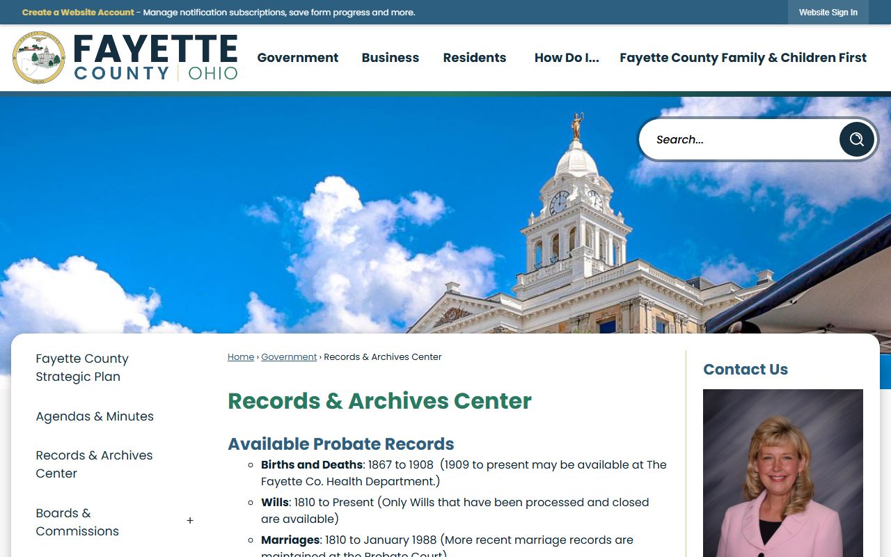 Fayette County Records Archives Center page showing birth records fees and services