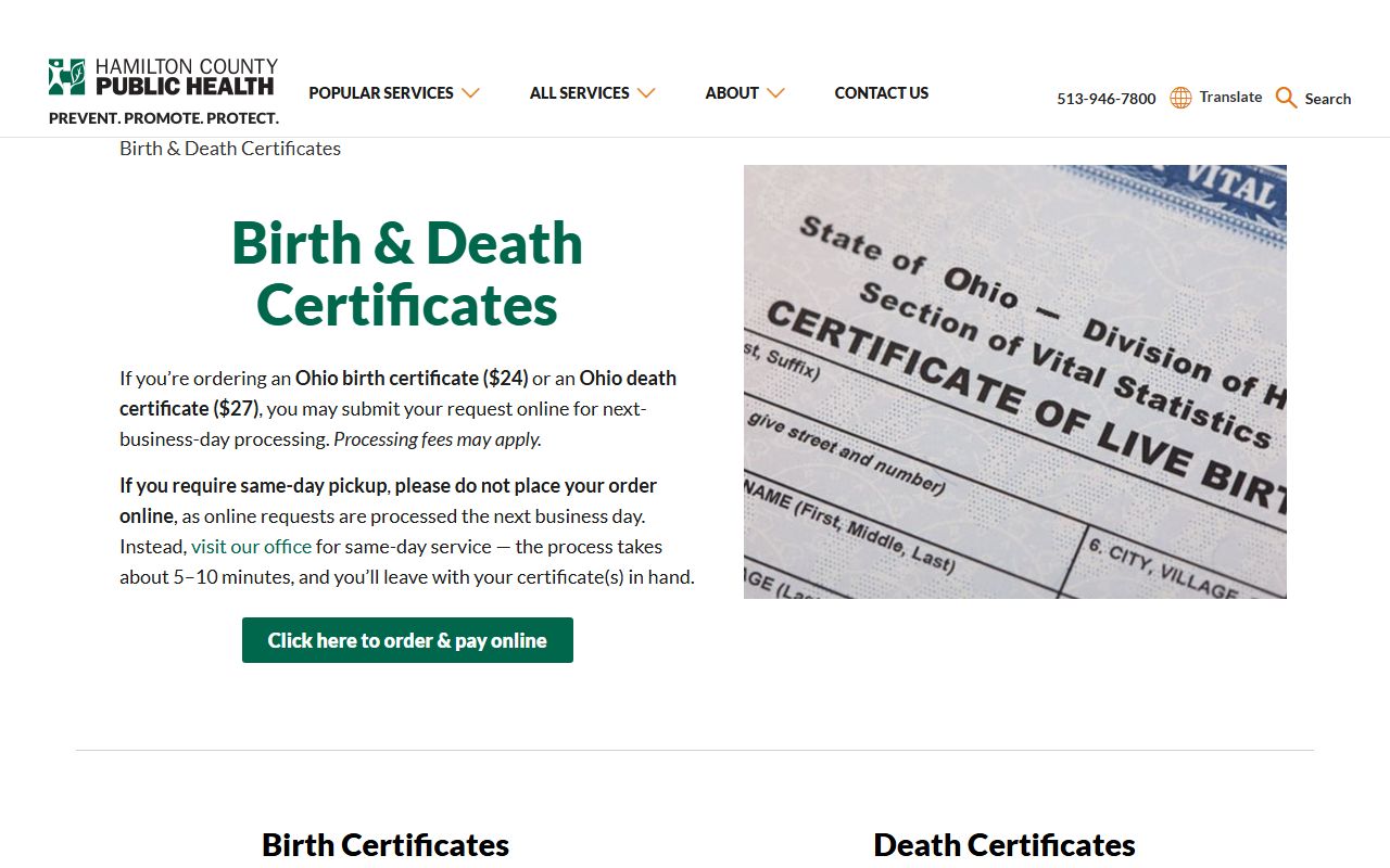 Hamilton County Public Health birth certificate ordering page
