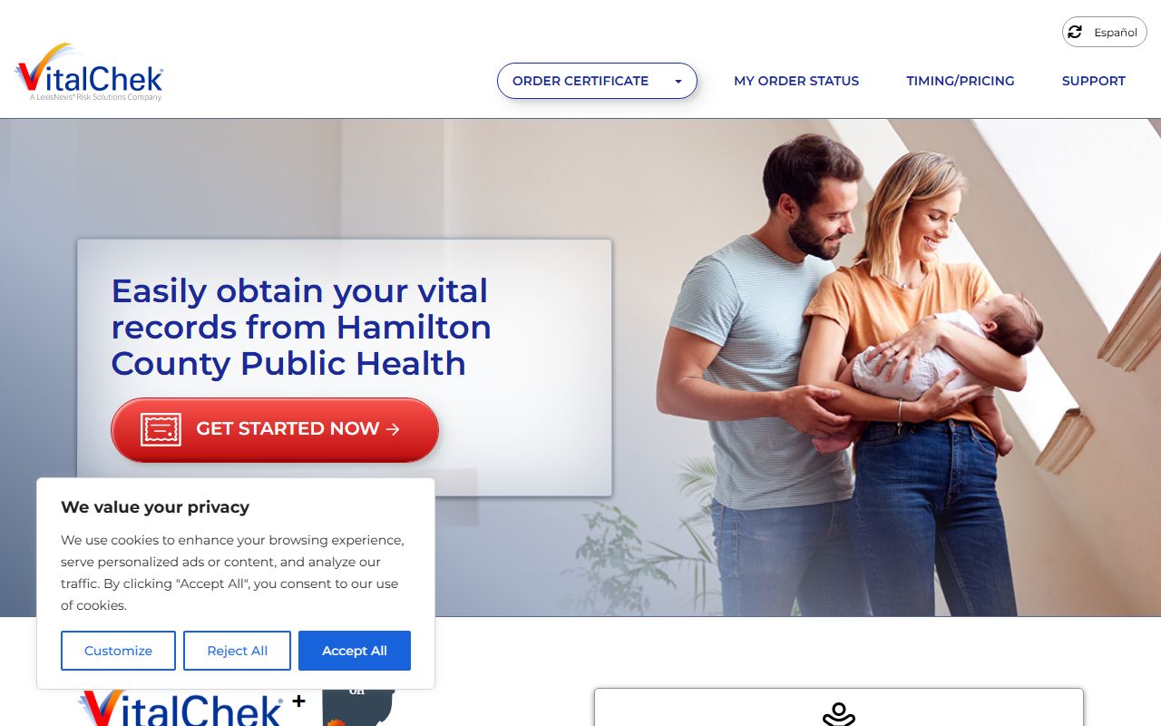 VitalChek online ordering page for Hamilton County Ohio birth certificates