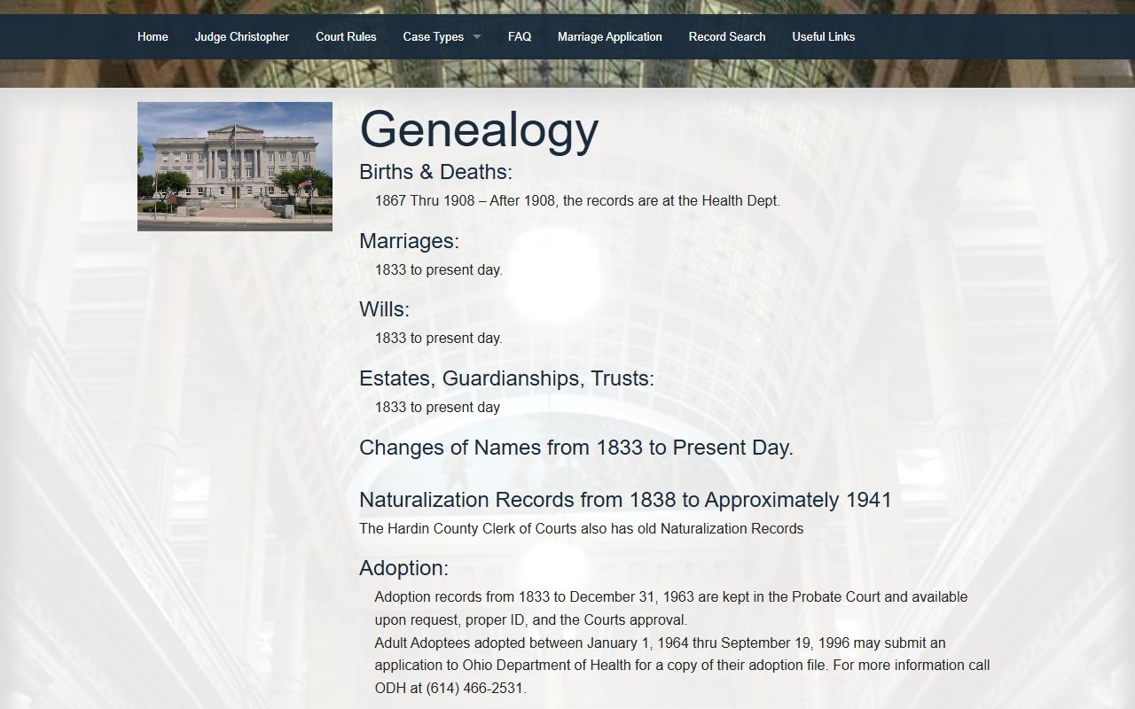 Hardin County Probate Court genealogy page with birth record information