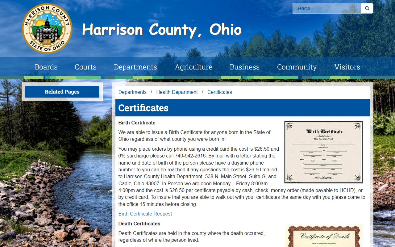 Harrison County government website certificates page for birth records