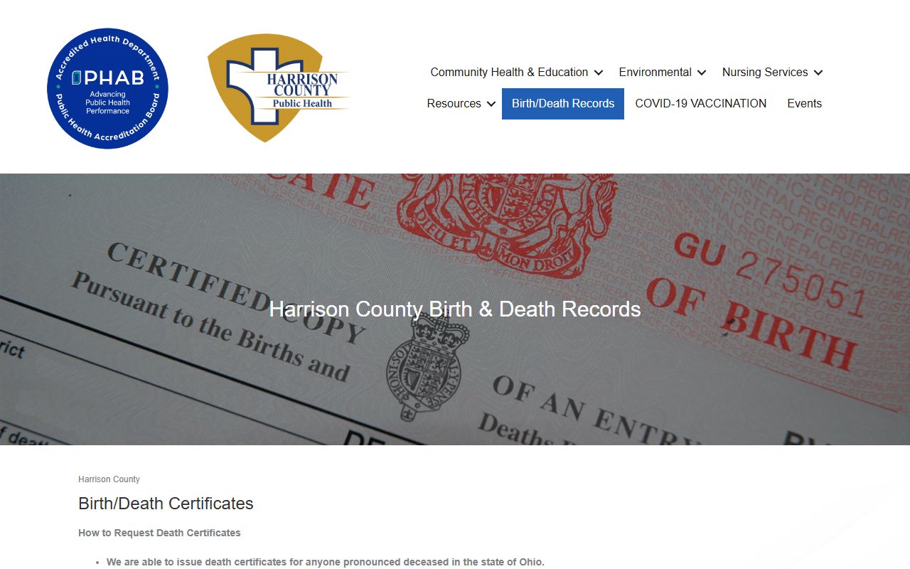 Harrison County Health Department birth and death certificate ordering page