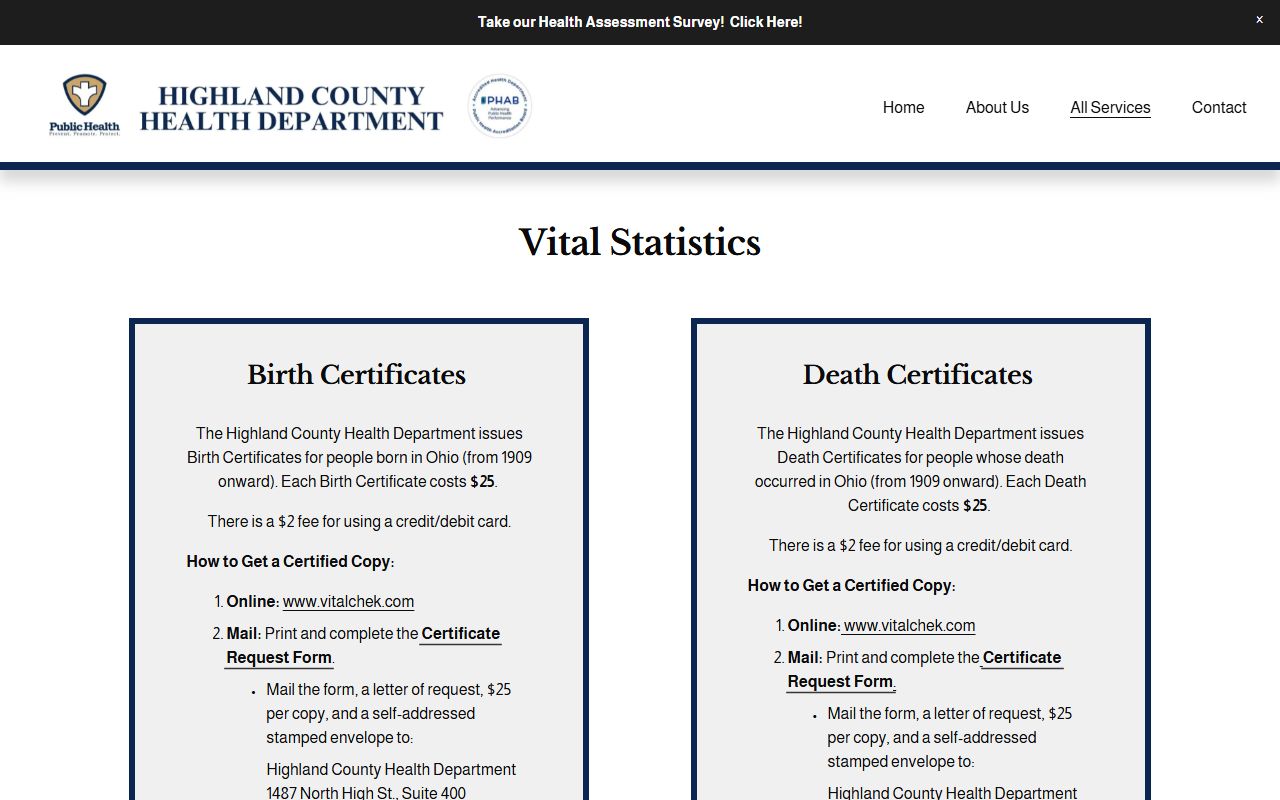 Highland County Health Department vital statistics page for birth certificates