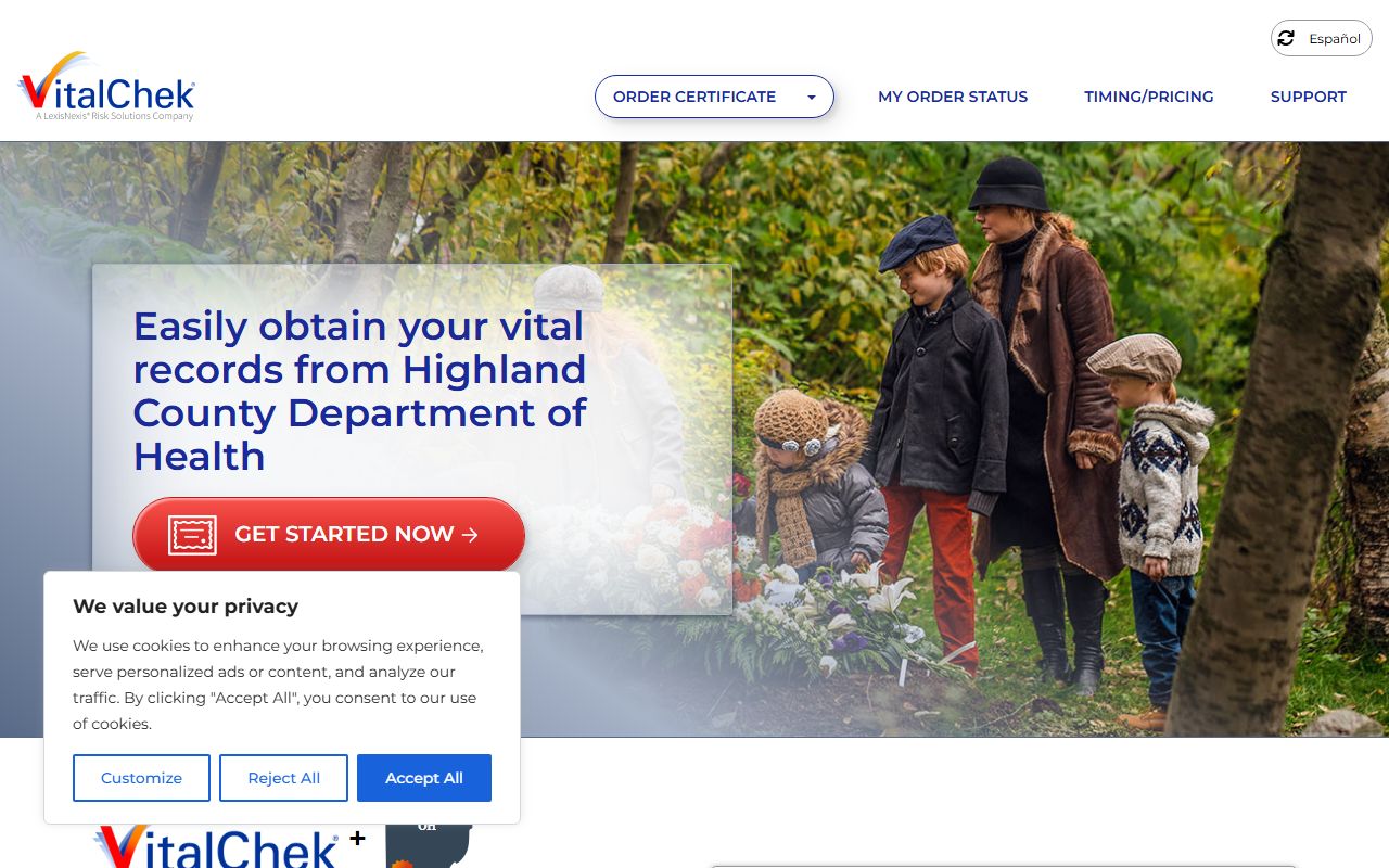 VitalChek online ordering portal for Highland County Ohio birth records