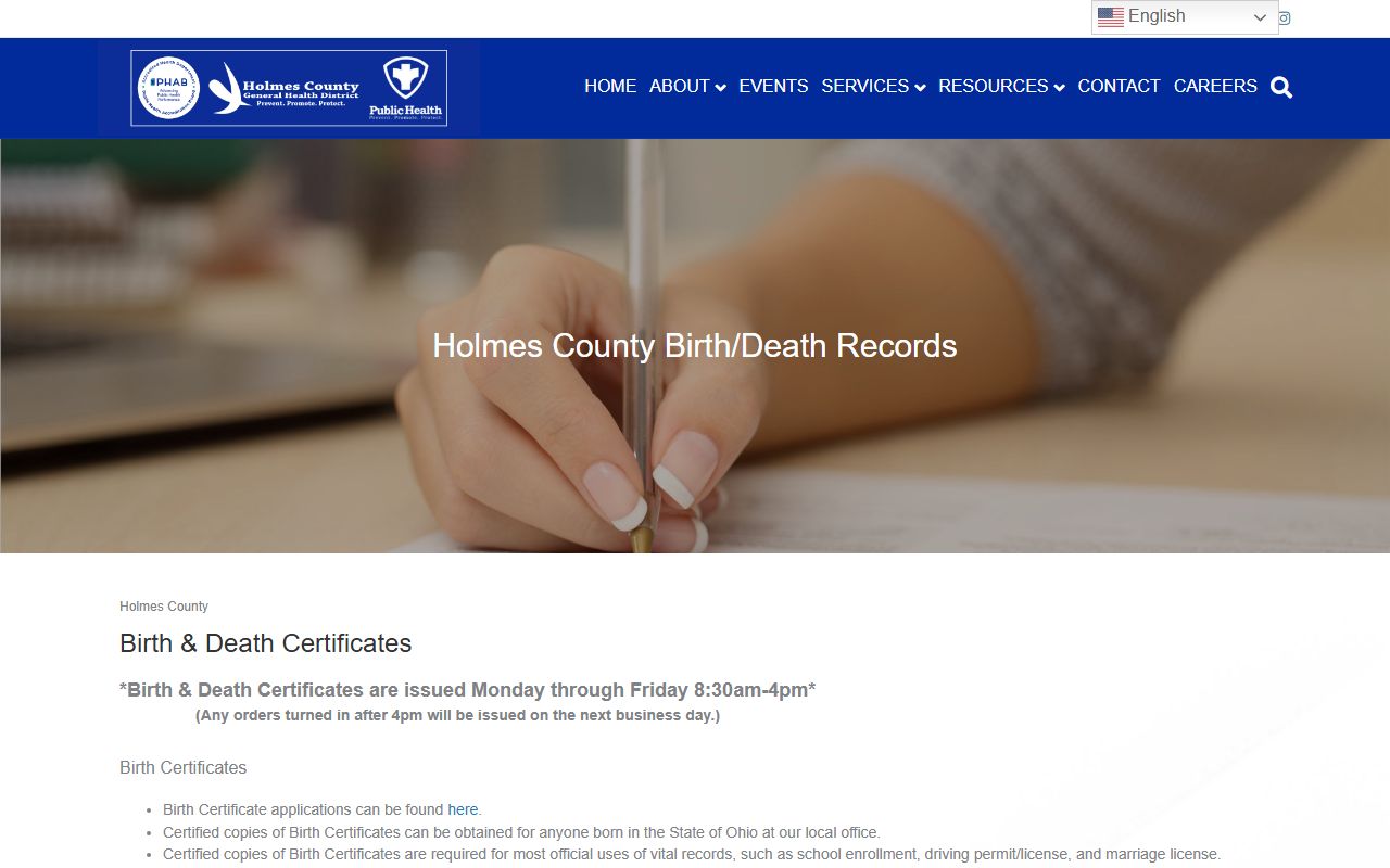 Holmes County General Health District birth and death certificate ordering page