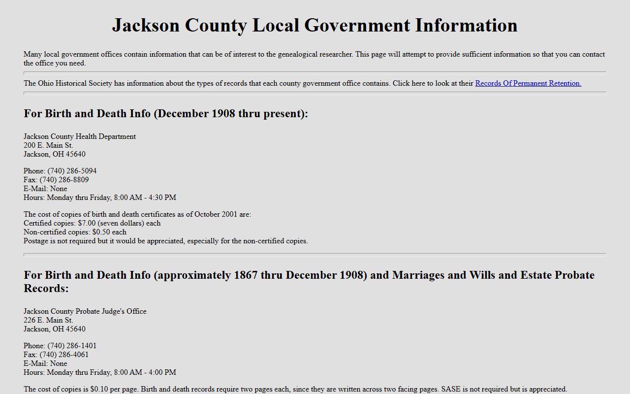Jackson County local government offices page with birth record information