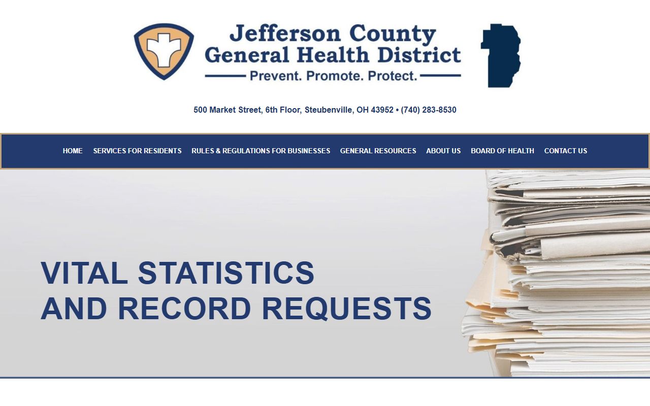 Jefferson County Health Department birth and death certificate page with fees and hours