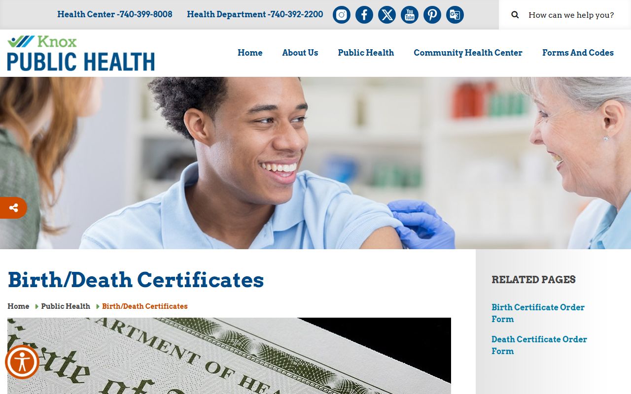 Knox Public Health birth and death certificate ordering page for Knox County