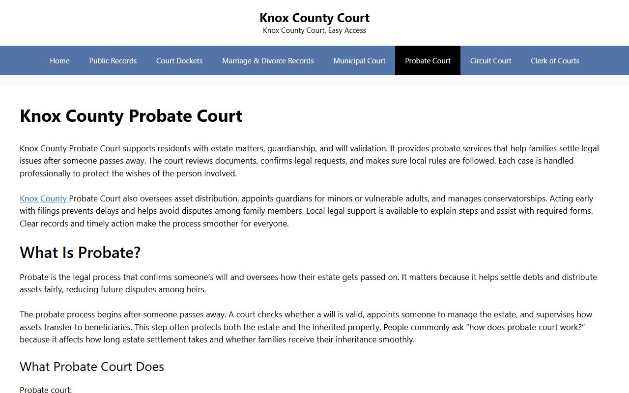 Knox County Probate Court page with birth record and genealogy information