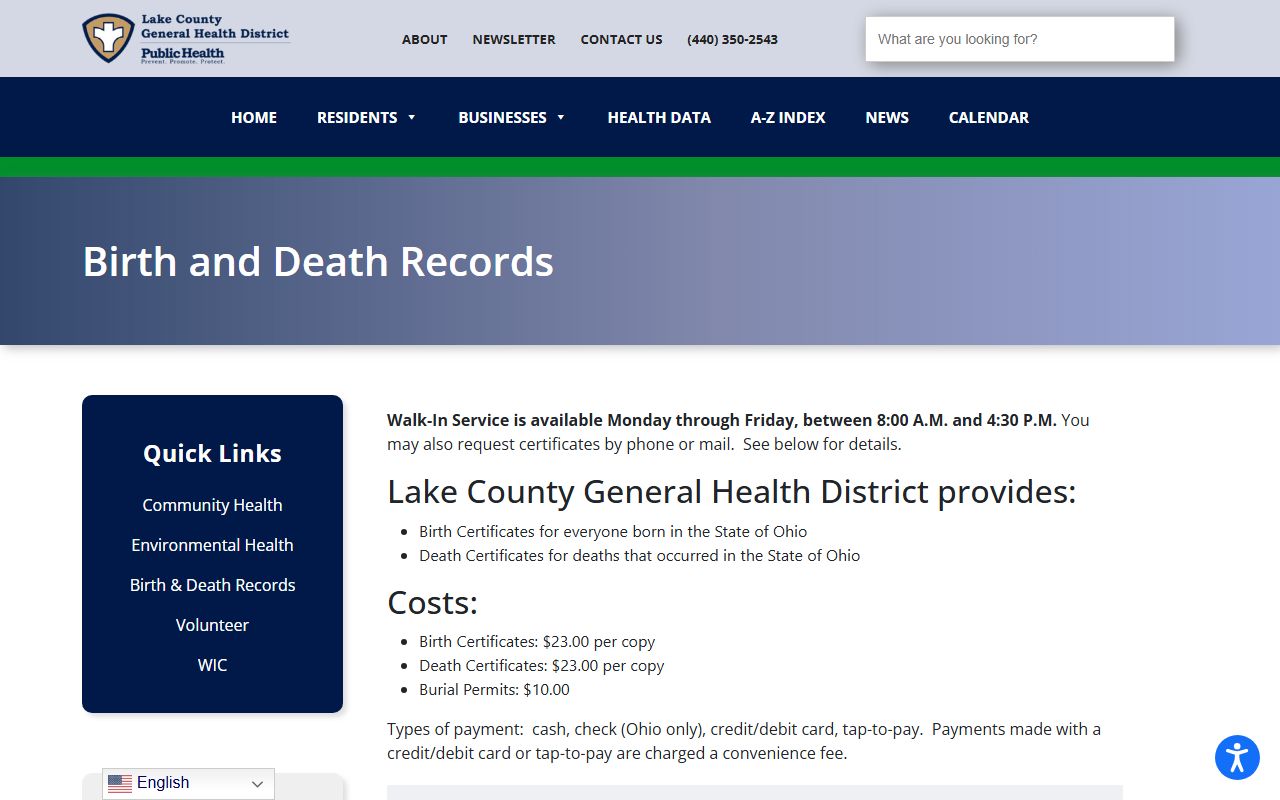 Lake County General Health District birth records ordering page