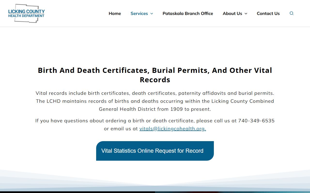 Licking County Health Department vital records page for birth certificates