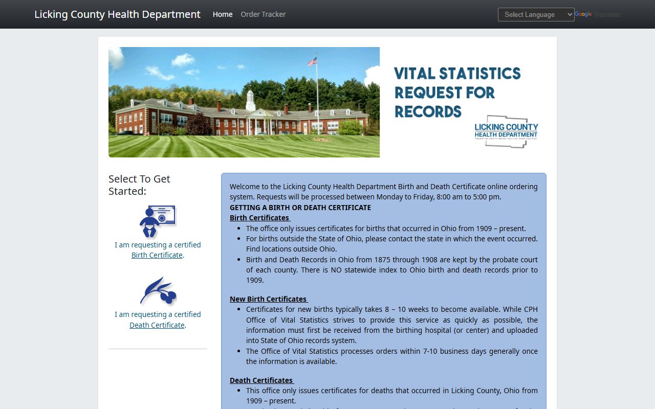 Licking County online birth certificate ordering through Permitium system