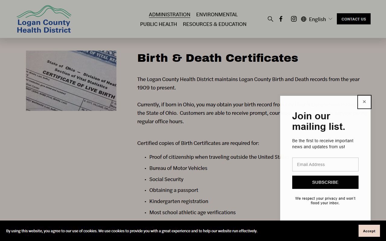 Logan County Health District birth records page