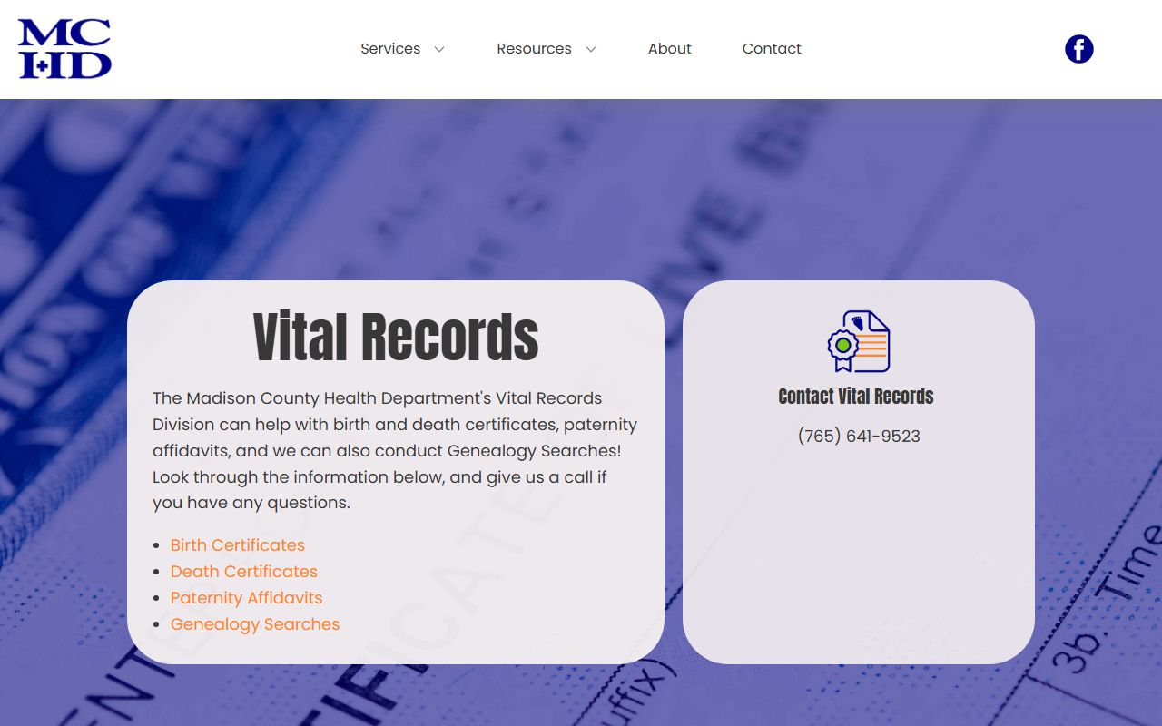 Madison County Health Department vital records page