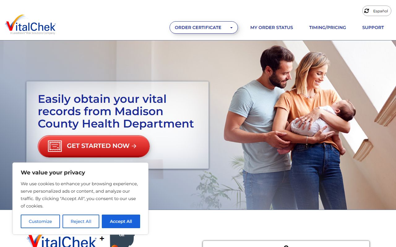 VitalChek ordering page for Madison County birth certificates