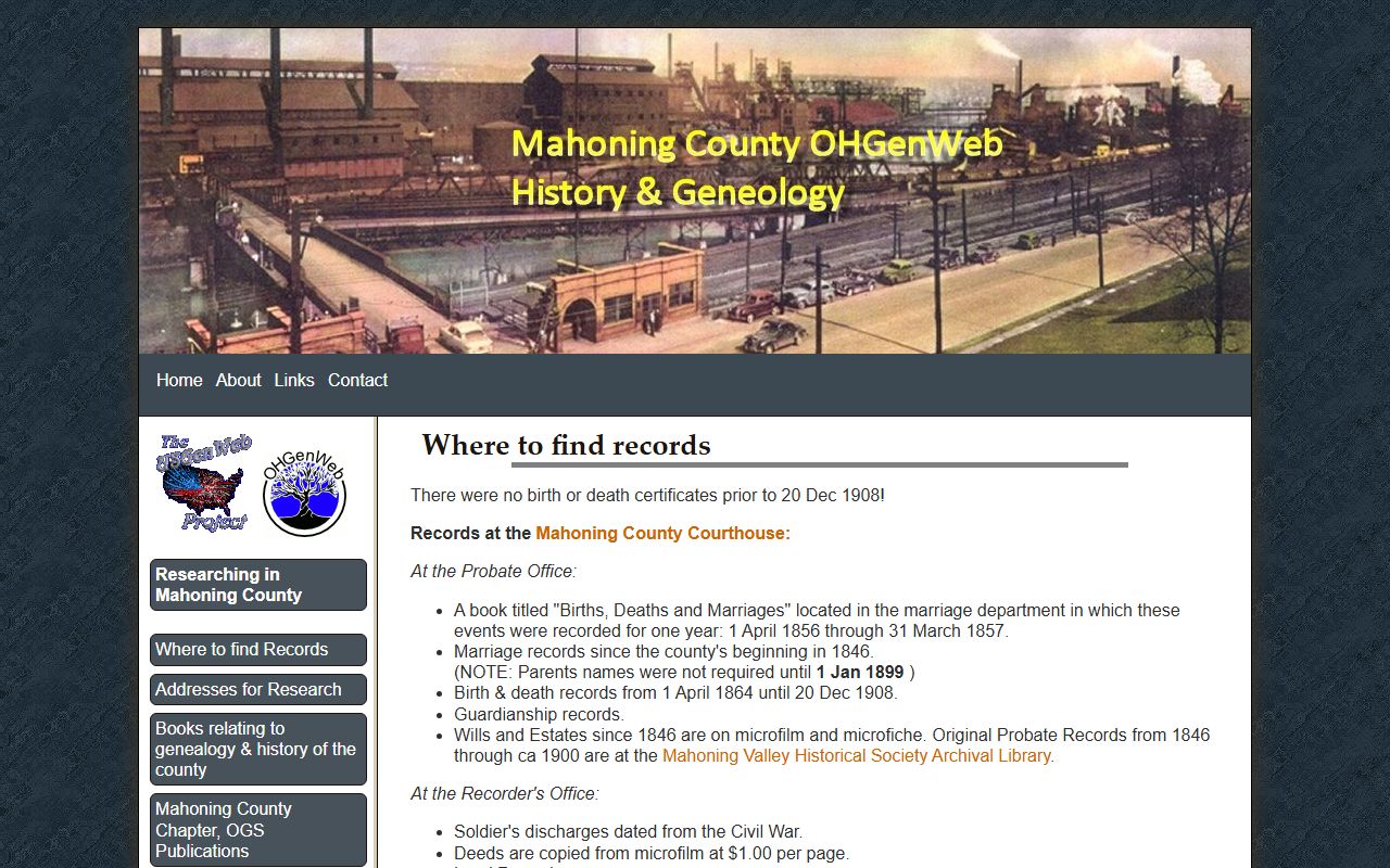 Mahoning County OHGenWeb records information page