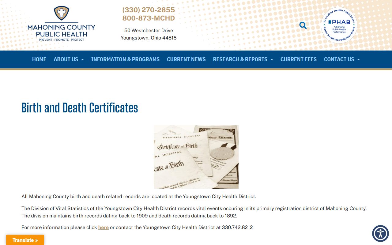 Mahoning County Public Health birth and death certificates page