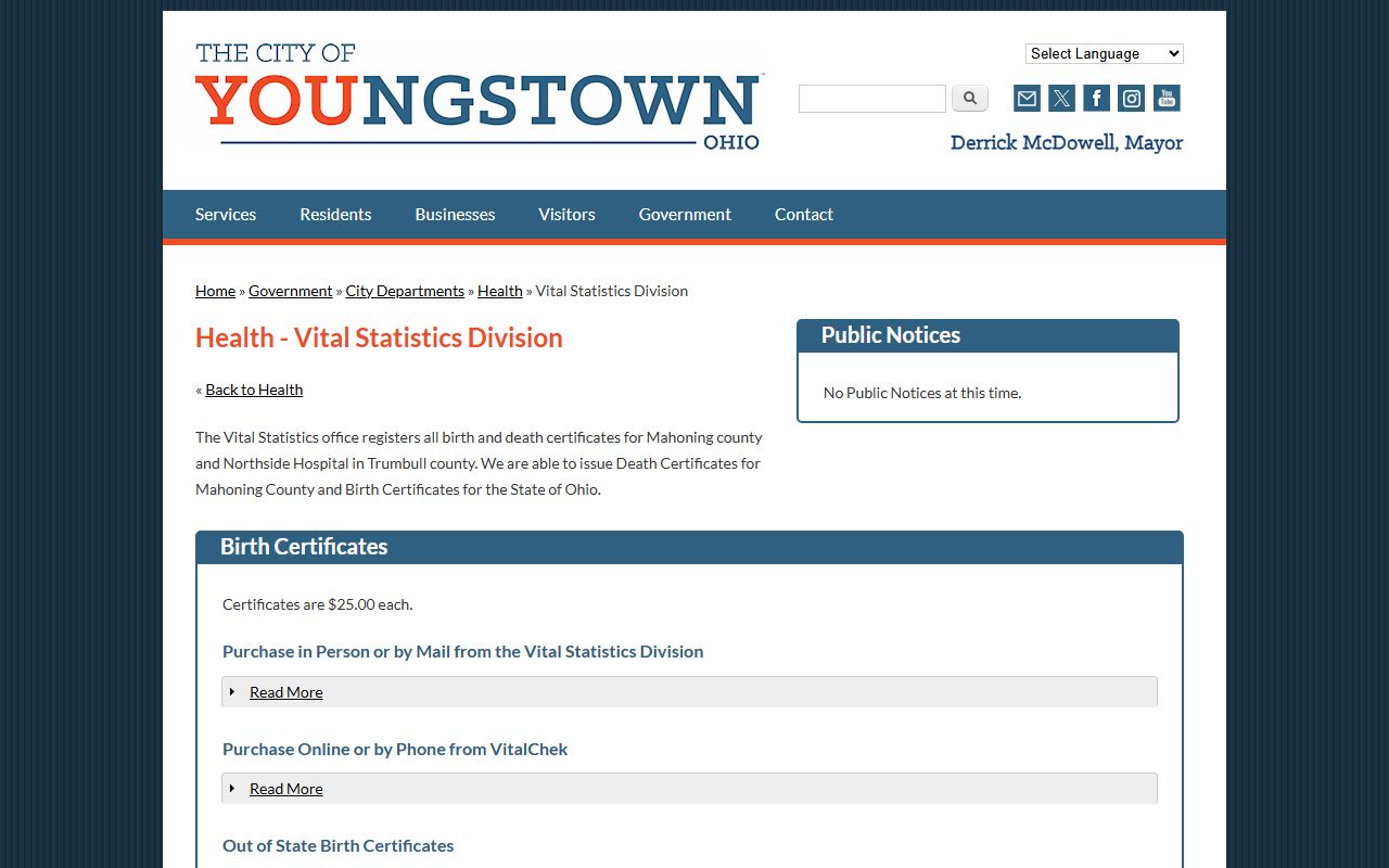 Youngstown City Health District vital statistics page