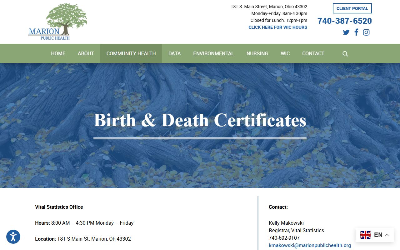 Marion Public Health birth and death certificates page