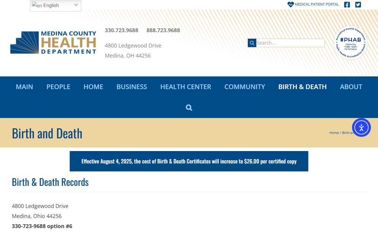 Medina County Health Department birth and death records page