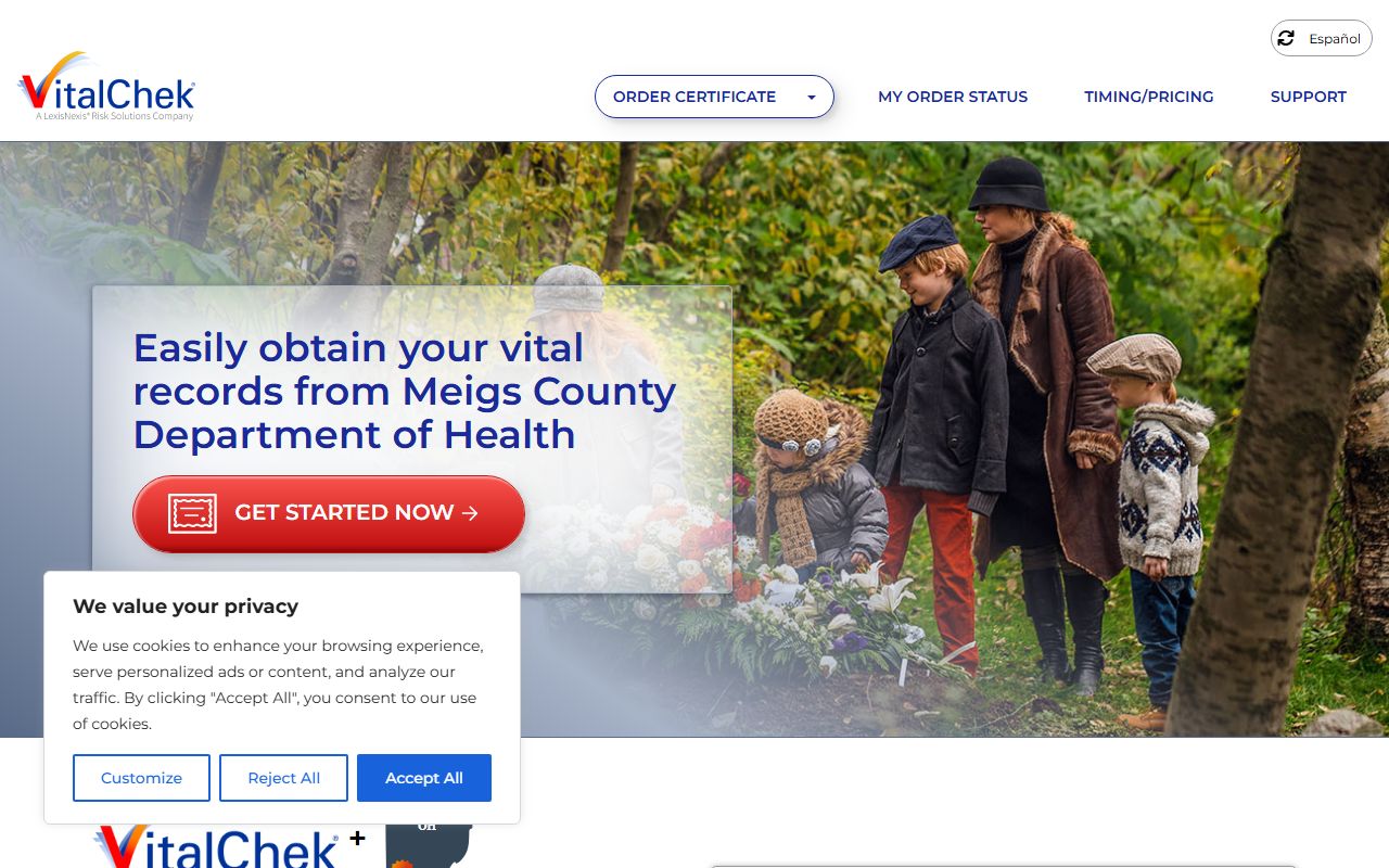 VitalChek ordering page for Meigs County birth certificates