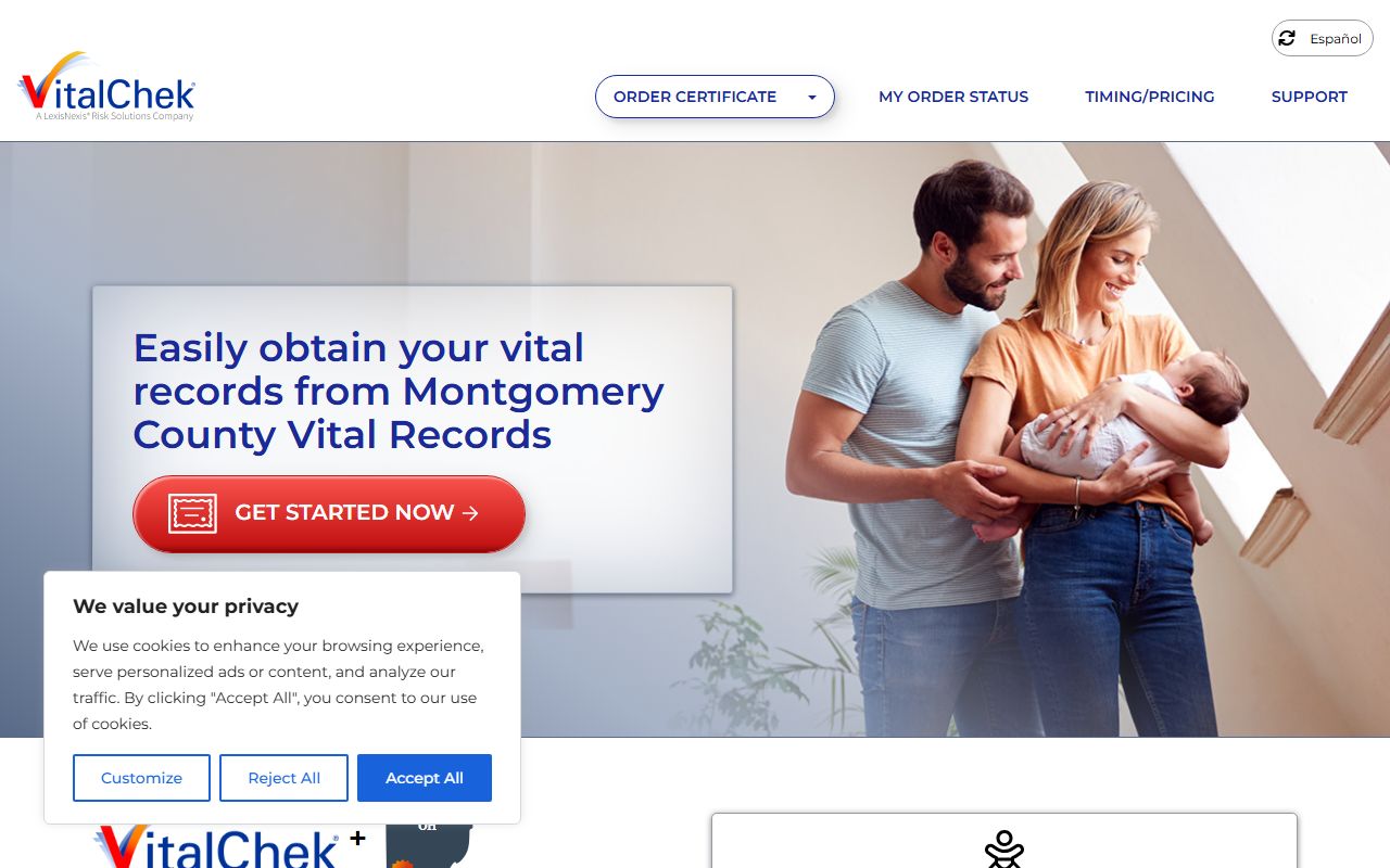 VitalChek ordering page for Montgomery County birth certificates