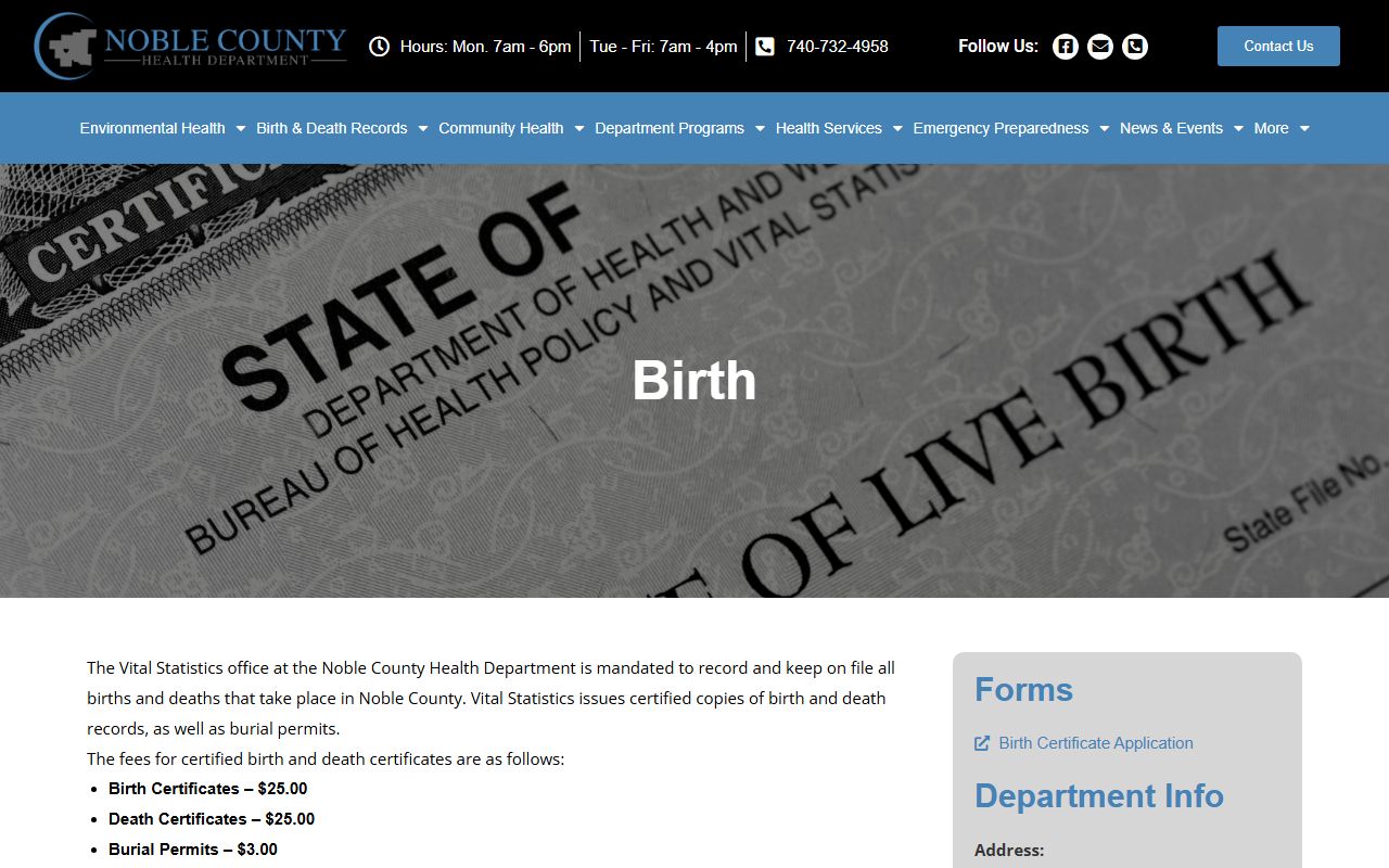 Noble County Health Department birth records page with fees and ordering information