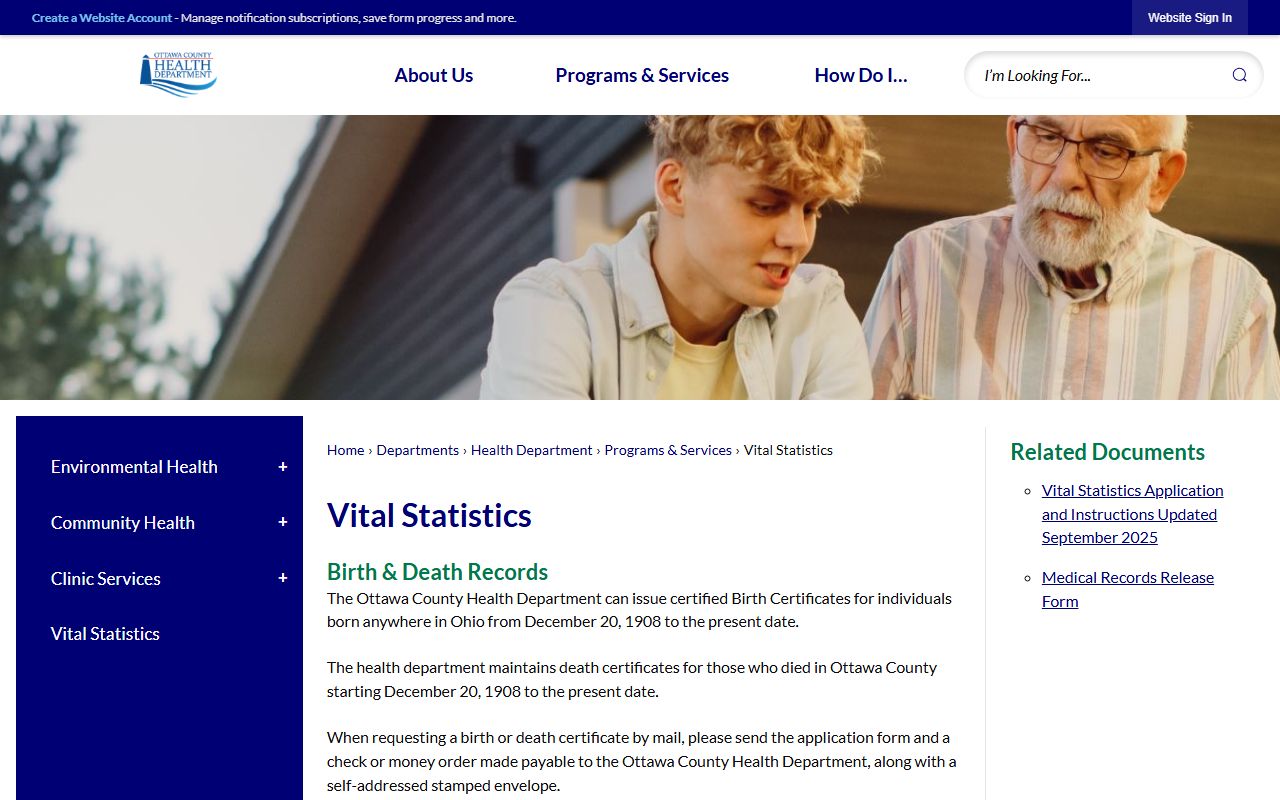 Ottawa County Health Department vital statistics page for birth records