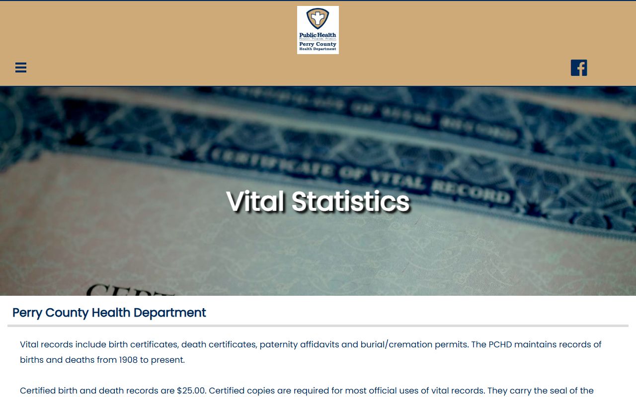 Perry County Health Department vital statistics page for birth records