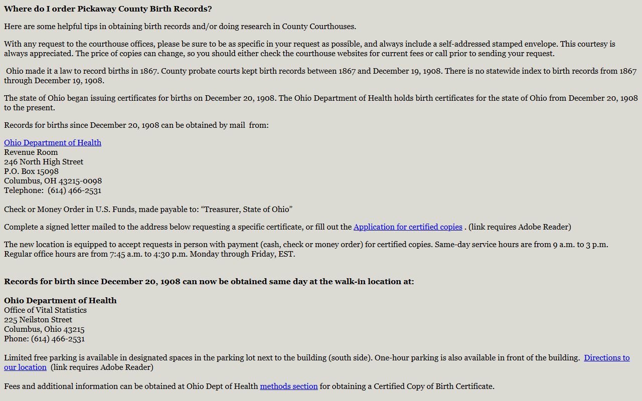 Pickaway County Health District vital records ordering page for birth certificates