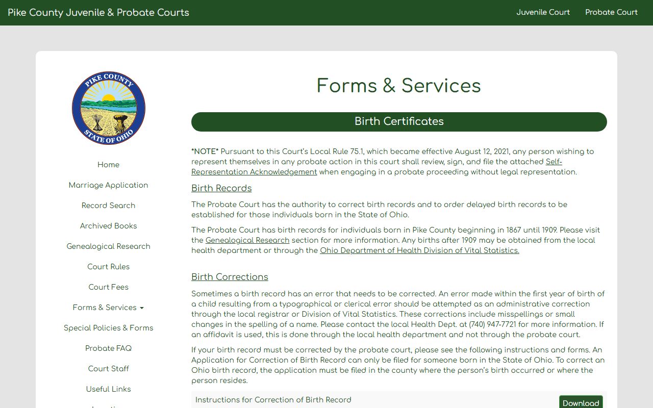 Pike County Probate Court birth records forms and delayed registration information