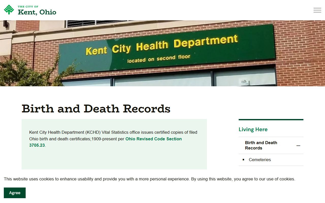 Kent City Health Department birth and death records page for Portage County